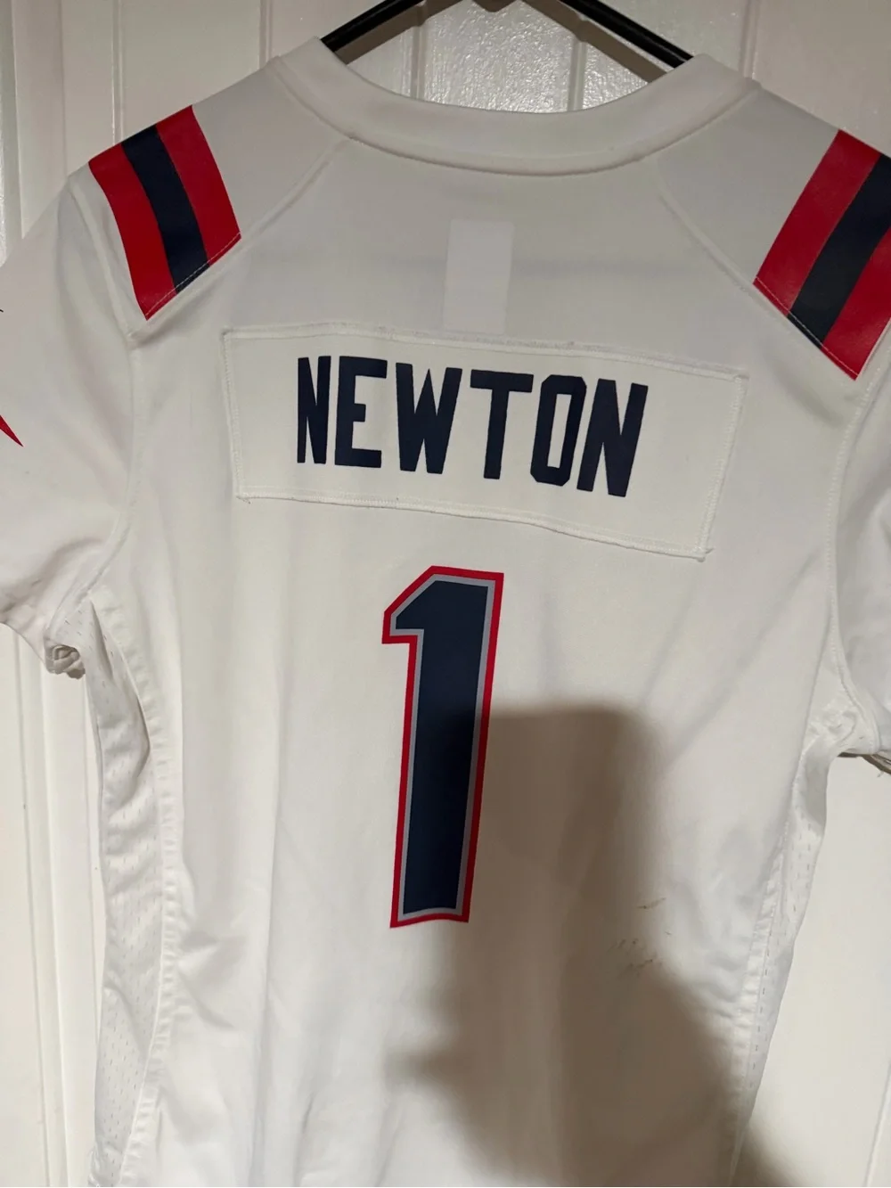 Wom Nike White New England Patriots #1 Football Jersey with Red & Blue Accents